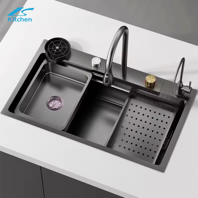 Multifunction Black Undermount Modern Waterfall Smart Kitchen Sinks Stainless Steel Modern Pull Out Faucet