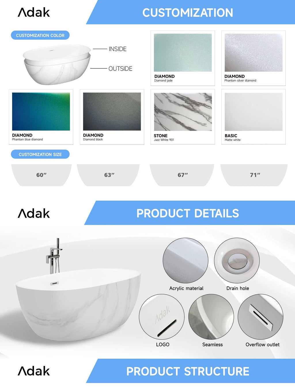 Freestanding Portable Acrylic Bathtub with Marble Texture 1700x750x600MM