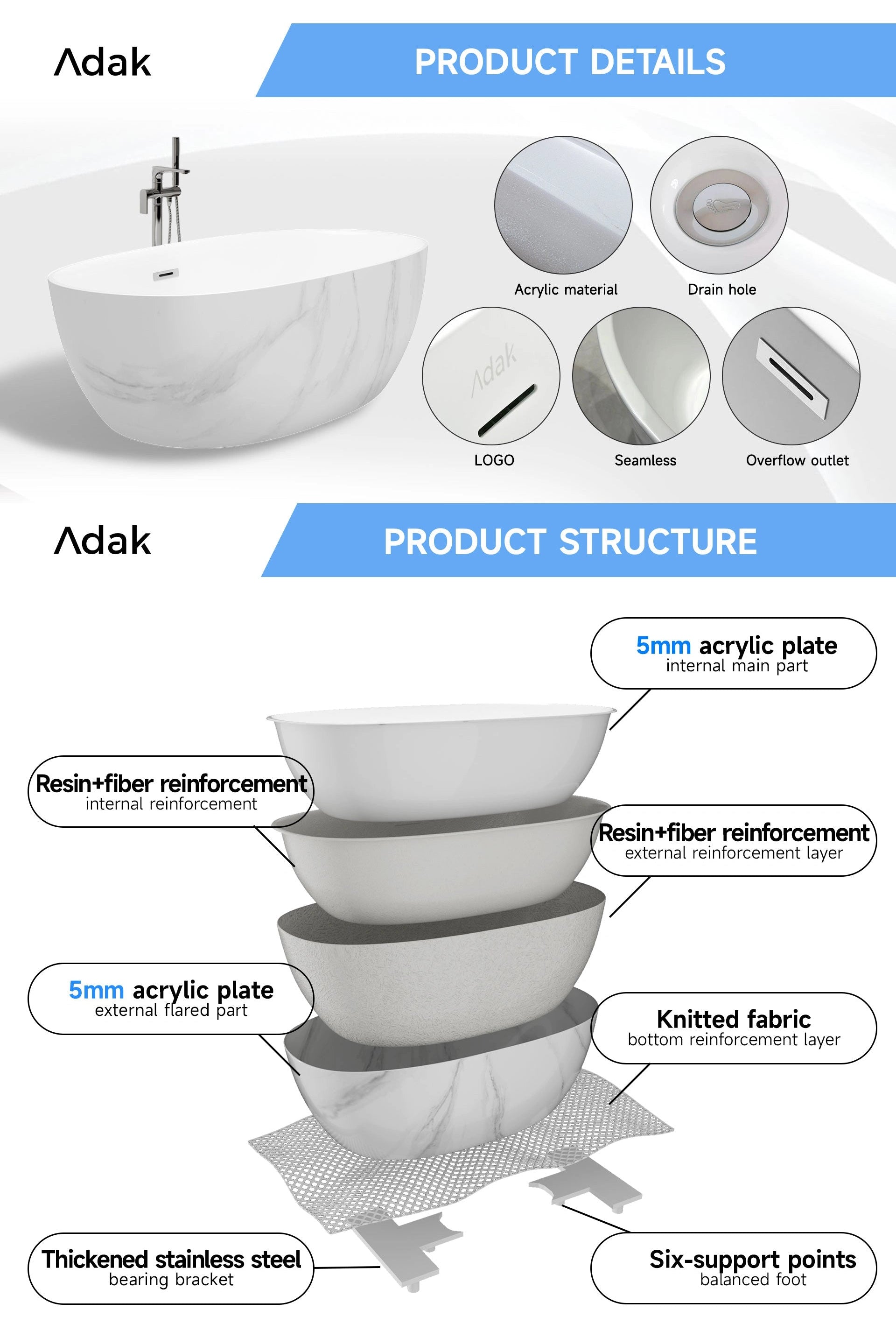 Freestanding Portable Acrylic Bathtub with Marble Texture 1700x750x600MM