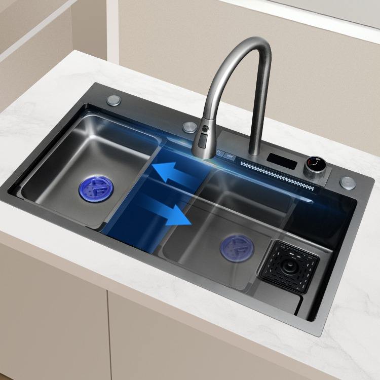 Multifunction Black Undermount Modern Waterfall Smart Kitchen Sinks Stainless Steel Modern Pull Out Faucet