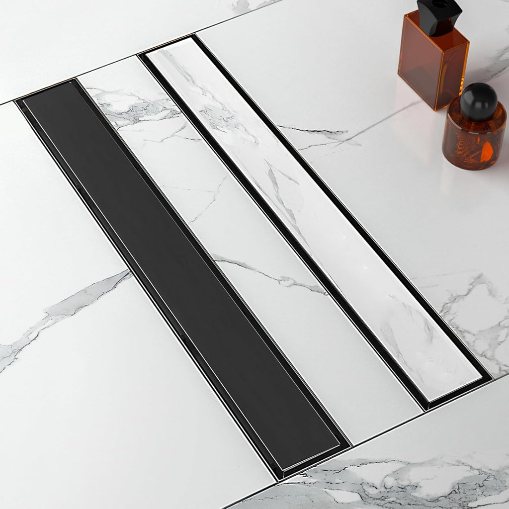 24-Inch SUS 304 Stainless Steel Linear Shower Drain Matte Black Rectangle Tile Insert Grate Leveling Feet Hair Strainer Drain