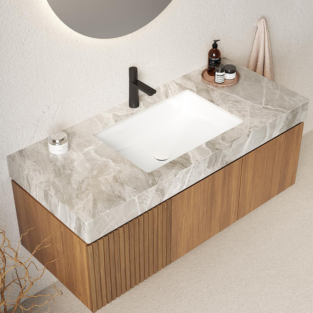 Floating Light Gray Sintered Stone Countertop Wall-Mounted Bathroom Vanity with Sink Drawer and Doors