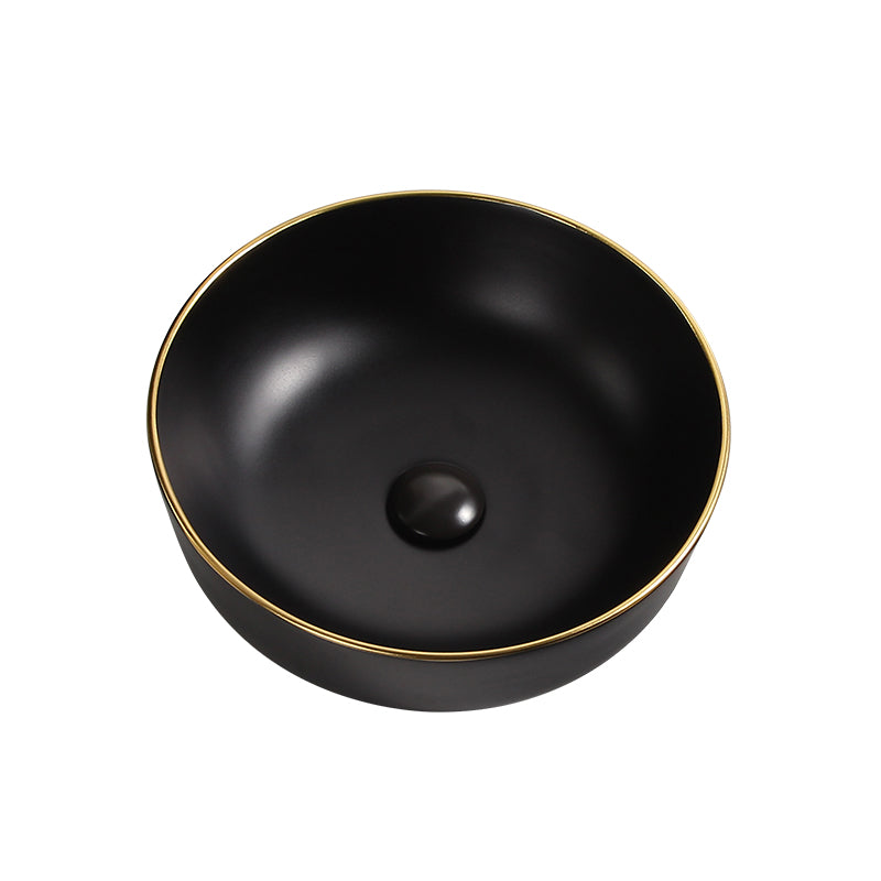 Modern Hotel Ceramic Hand Painted Matte Black Round Art Washbasins Gold Line Countertop
