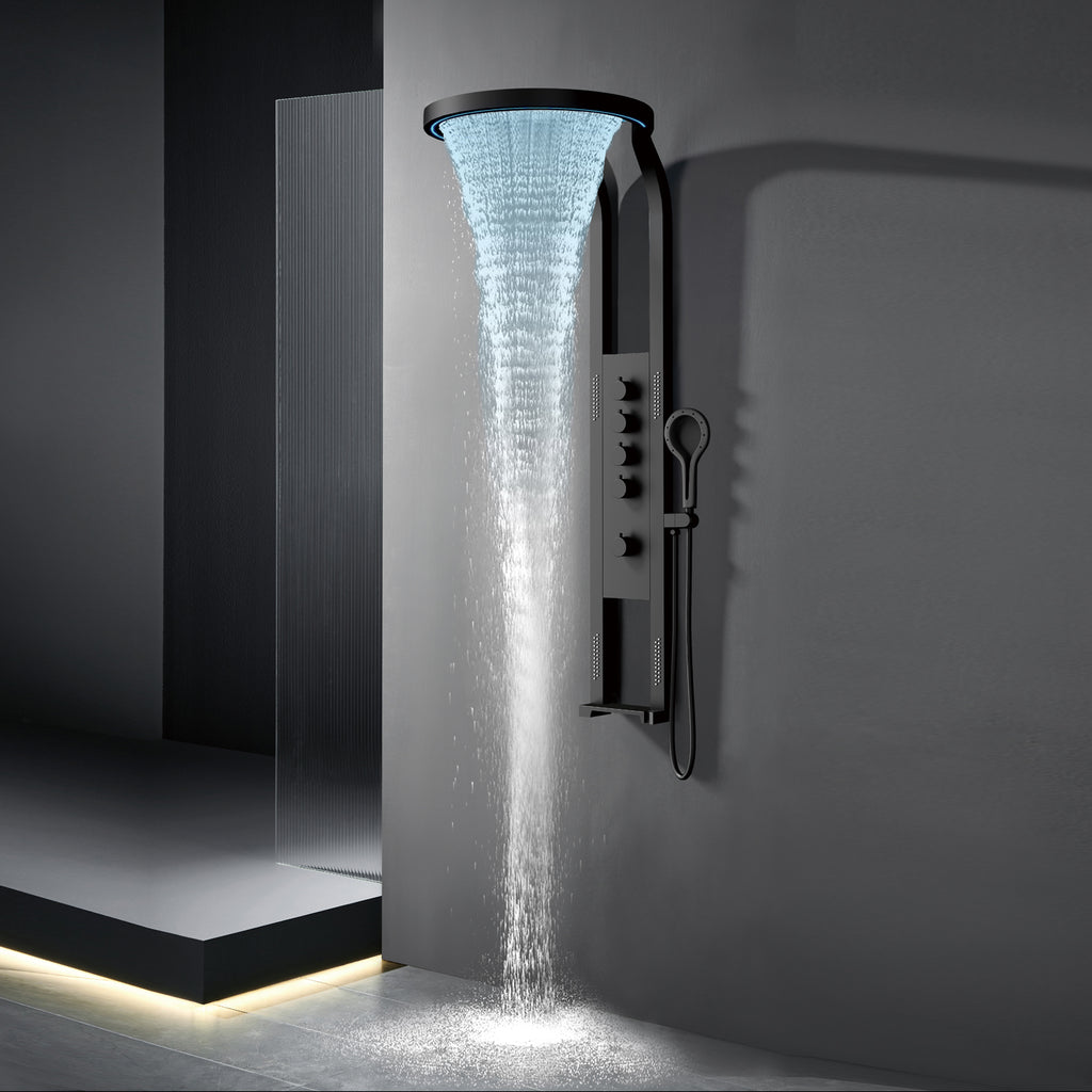 Bathroom Brass Waterfall Rainfall Shower Set Panel Wall Mounted Multifunctional SPA Shower LED System