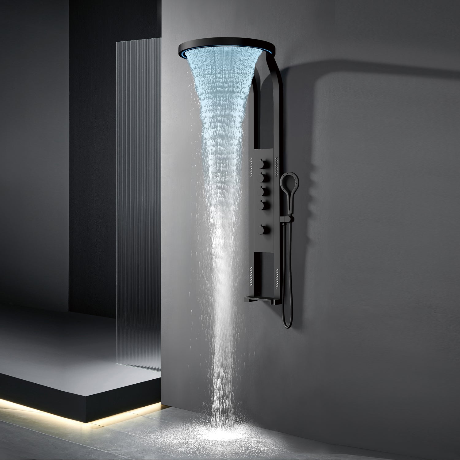 Bathroom Brass Waterfall Rainfall Shower Set Panel Wall Mounted Multifunctional SPA Shower LED System