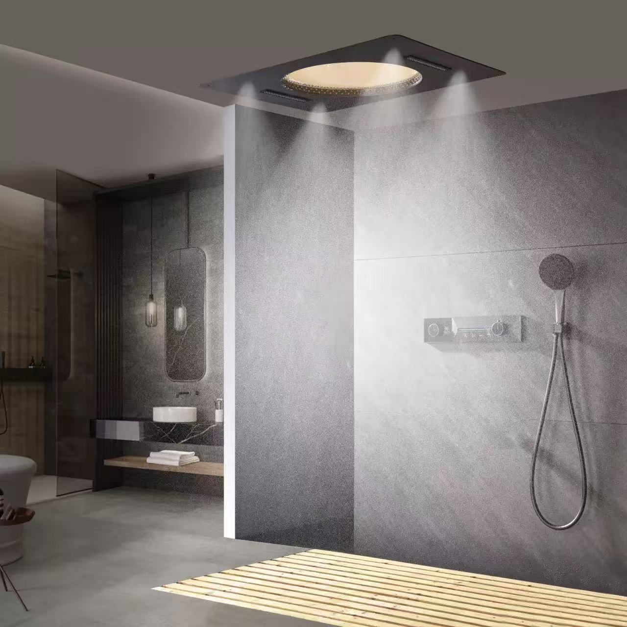 Ceiling Embedded 6800mm LED Rain Waterfall Mist Bathroom Conceal Thermostatic Shower System Set