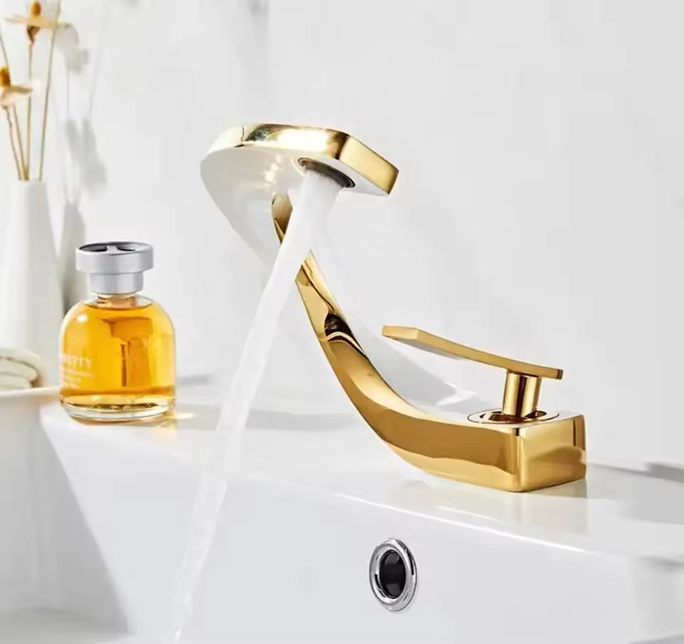 Elegant Design C Shape White & Gold Waterfall Full Copper Faucet/Mixer