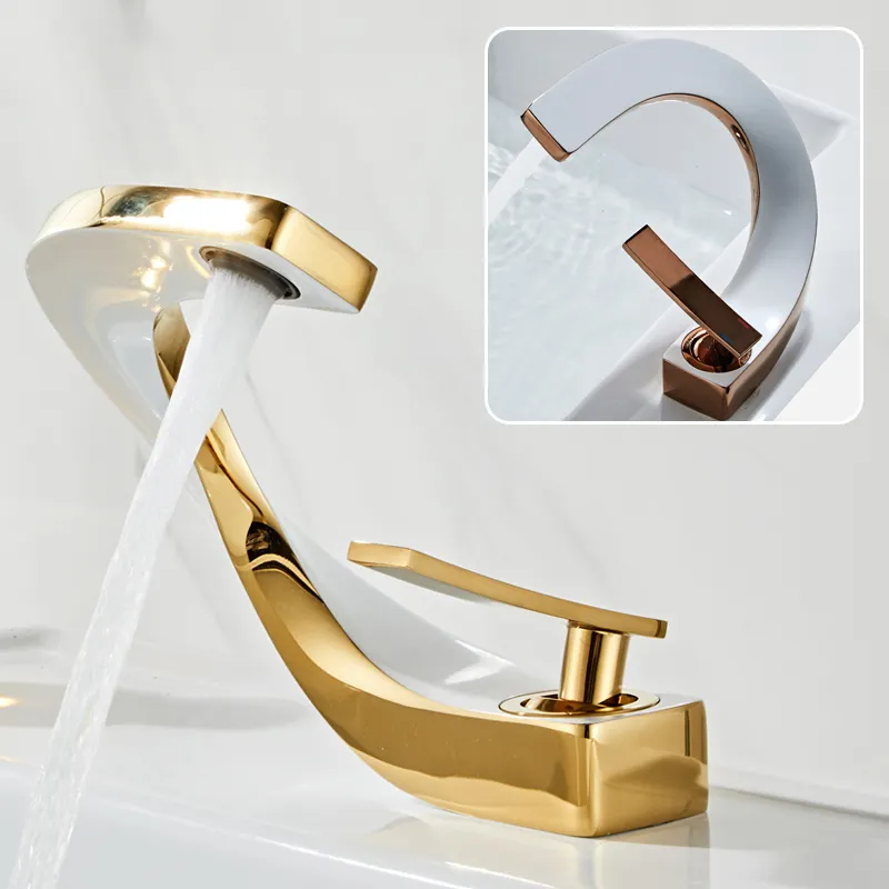 Elegant Design C Shape White & Gold Waterfall Full Copper Faucet/Mixer