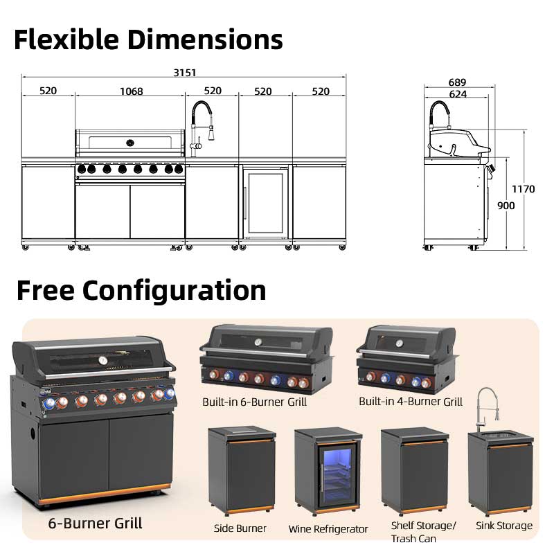 Professional 6 Burner Gas BBQ Island with Outdoor Kitchen Sink/Cabinet/Fridge