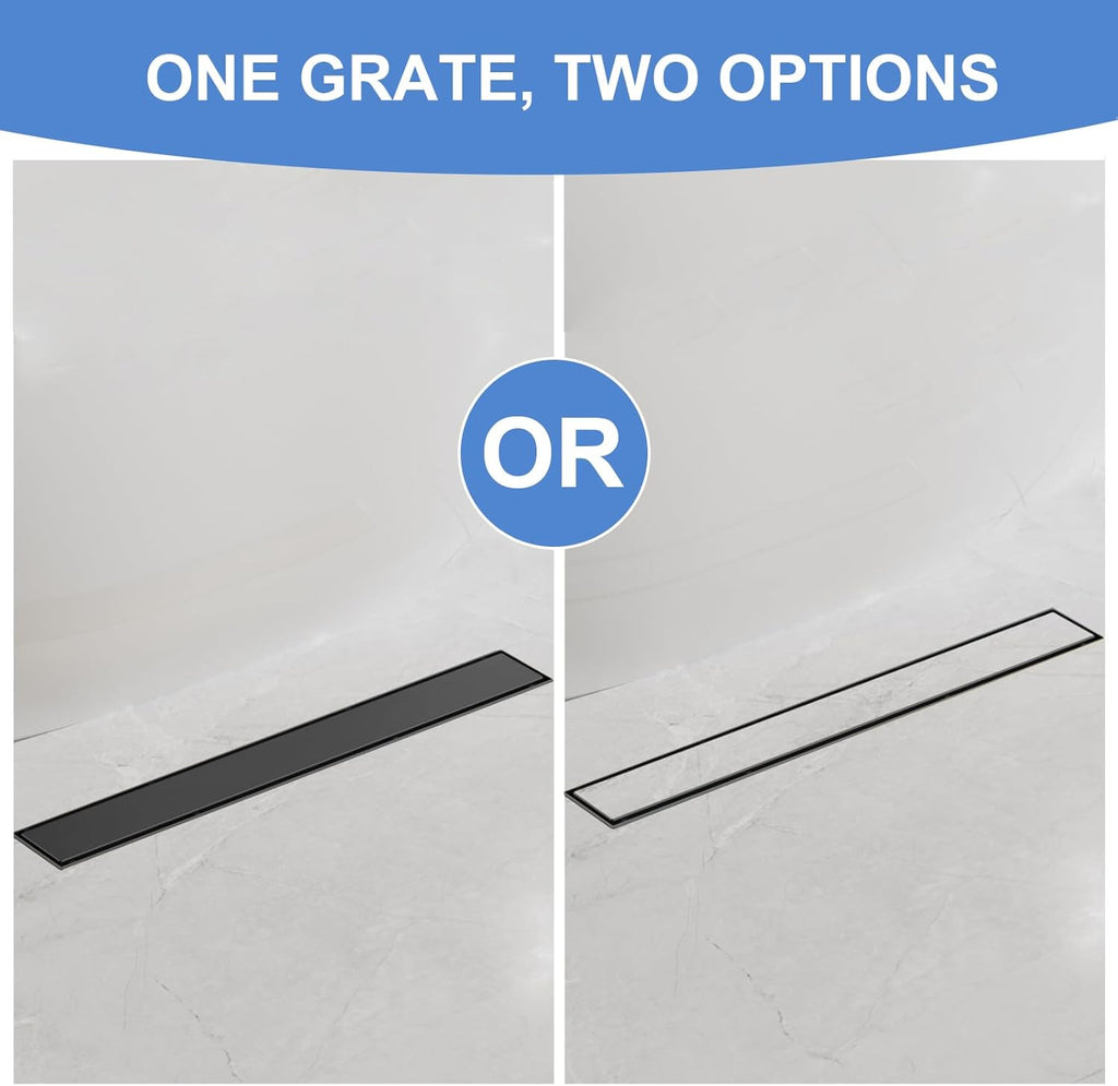 24-Inch SUS 304 Stainless Steel Linear Shower Drain Matte Black Rectangle Tile Insert Grate Leveling Feet Hair Strainer Drain