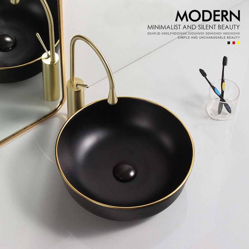 Modern Hotel Ceramic Hand Painted Matte Black Round Art Washbasins Gold Line Countertop