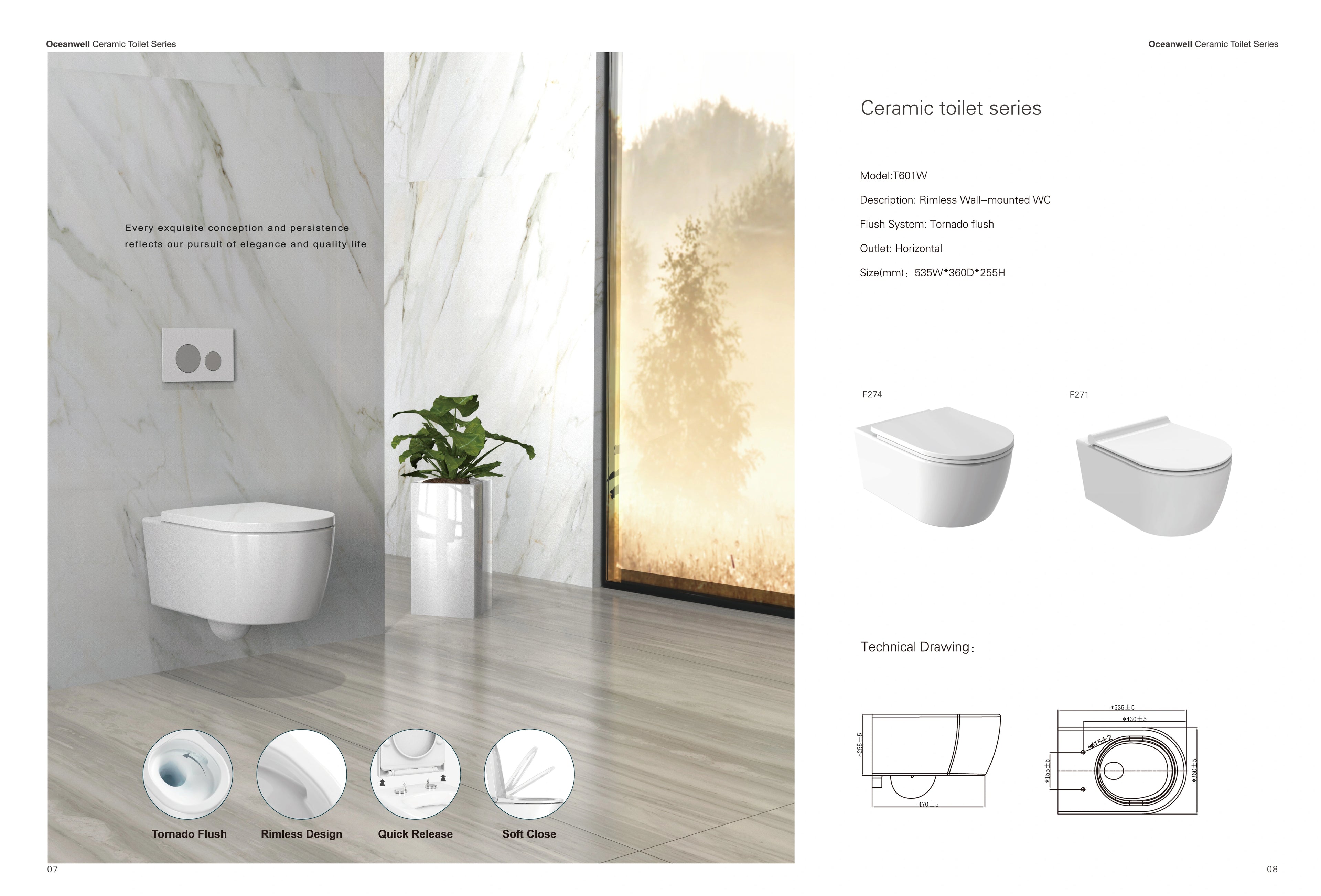 Wall hung Rimless P-trap One Piece Toilet Bowl Modern Ceramic Wall Mounted Toilet