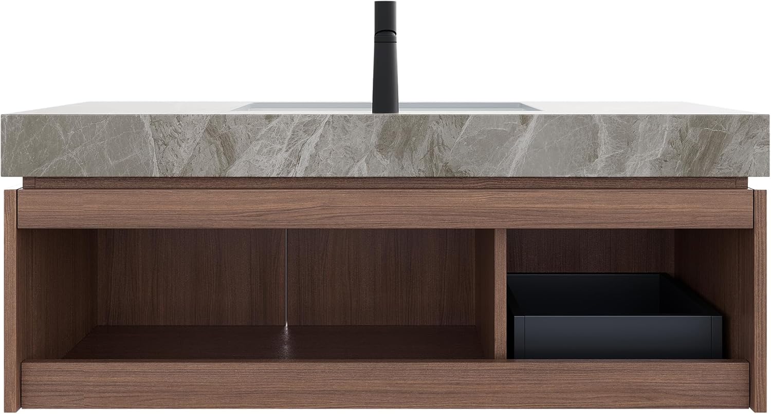 Floating Light Gray Sintered Stone Countertop Wall-Mounted Bathroom Vanity with Sink Drawer and Doors