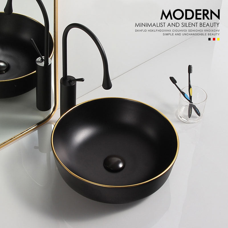 Modern Hotel Ceramic Hand Painted Matte Black Round Art Washbasins Gold Line Countertop