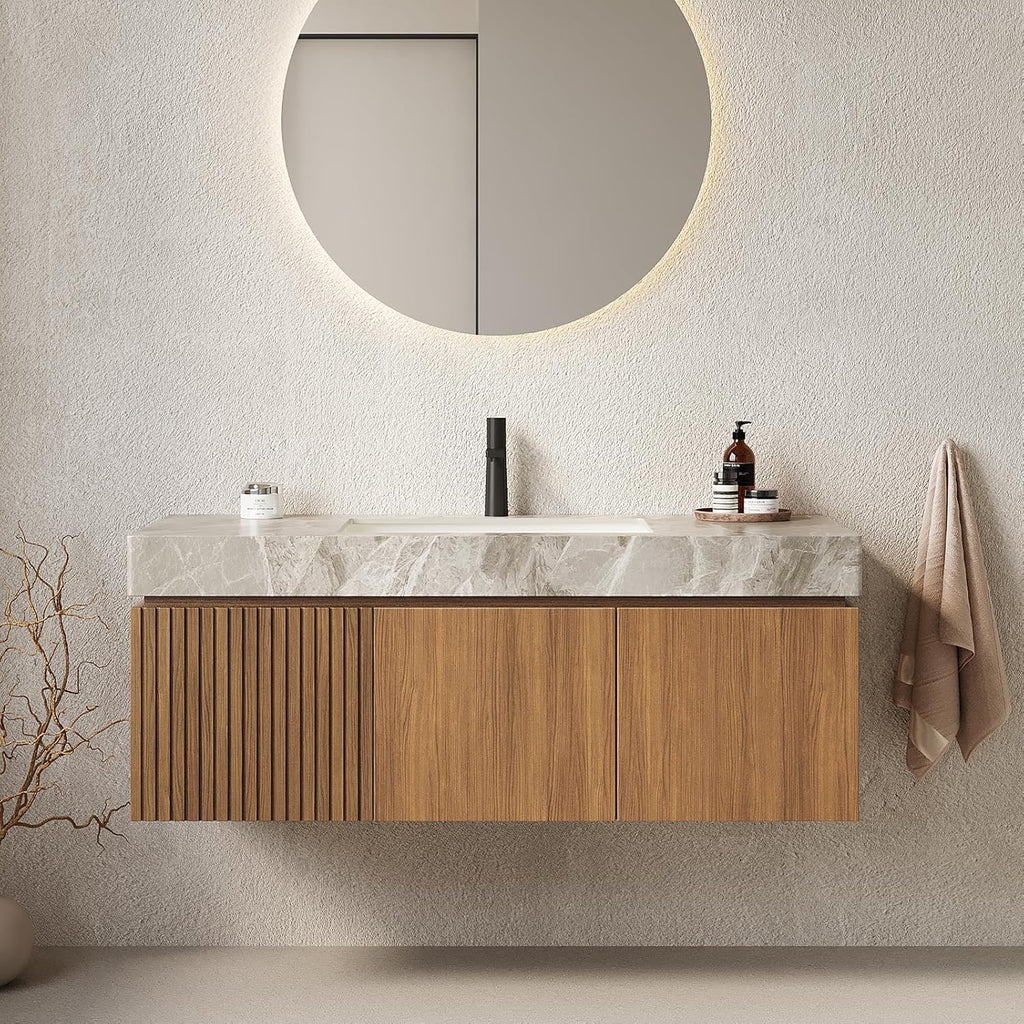 Floating Light Gray Sintered Stone Countertop Wall-Mounted Bathroom Vanity with Sink Drawer and Doors