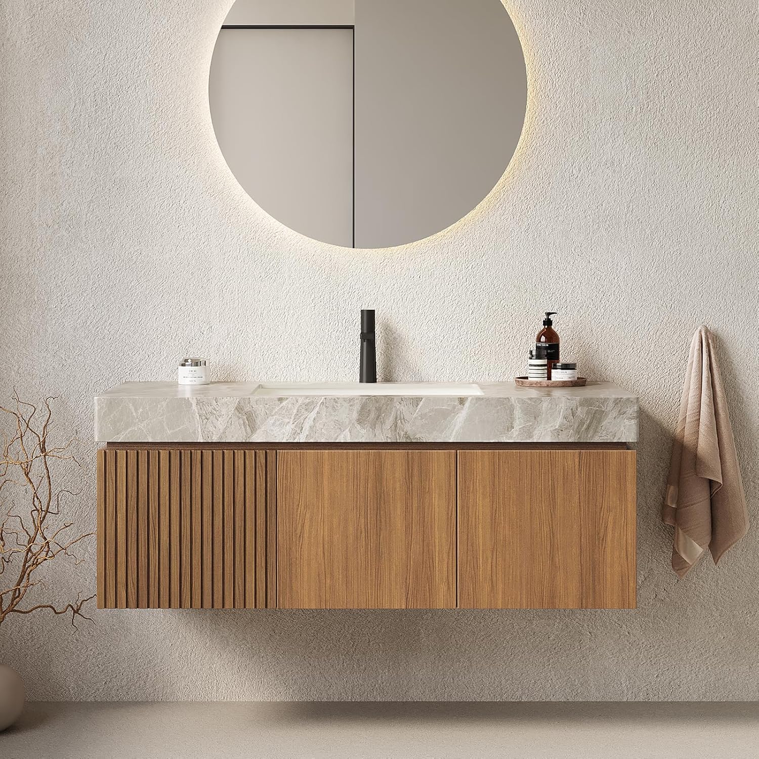 Floating Light Gray Sintered Stone Countertop Wall-Mounted Bathroom Vanity with Sink Drawer and Doors