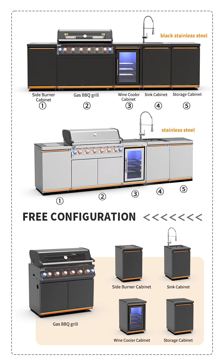 Professional 6 Burner Gas BBQ Island with Outdoor Kitchen Sink/Cabinet/Fridge