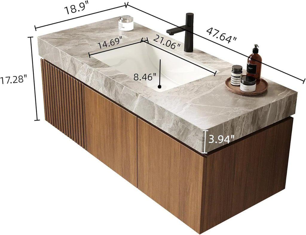 Floating Light Gray Sintered Stone Countertop Wall-Mounted Bathroom Vanity with Sink Drawer and Doors