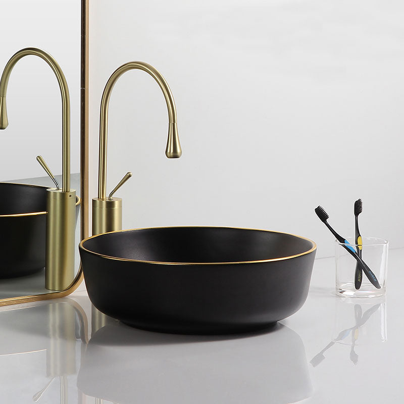 Modern Hotel Ceramic Hand Painted Matte Black Round Art Washbasins Gold Line Countertop