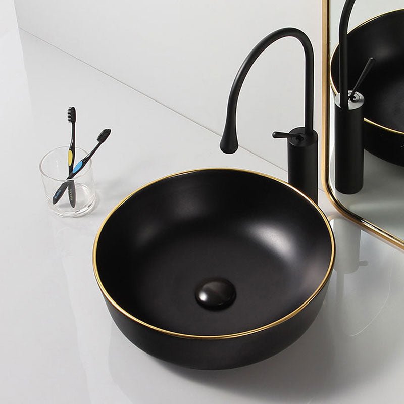 Modern Hotel Ceramic Hand Painted Matte Black Round Art Washbasins Gold Line Countertop