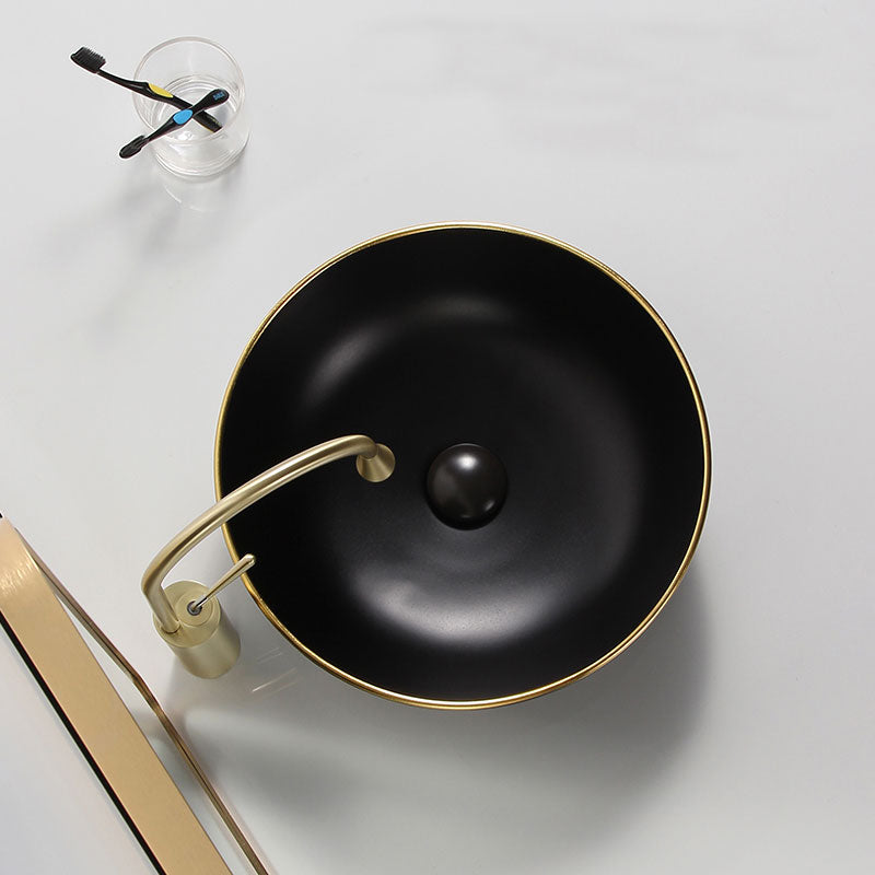 Modern Hotel Ceramic Hand Painted Matte Black Round Art Washbasins Gold Line Countertop
