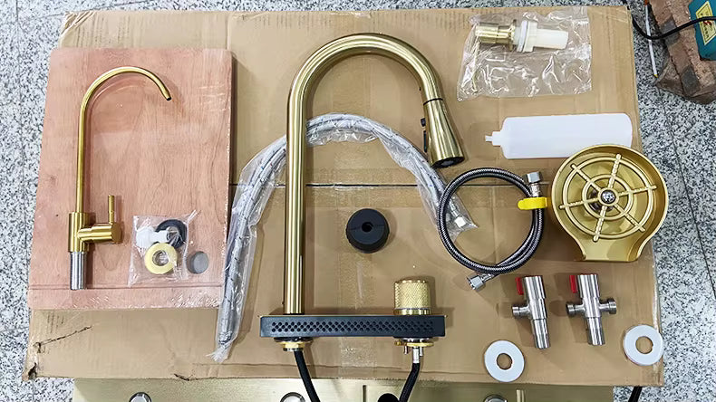 Modern Square Kitchen Sink Gold Stainless with Taps/Mixers