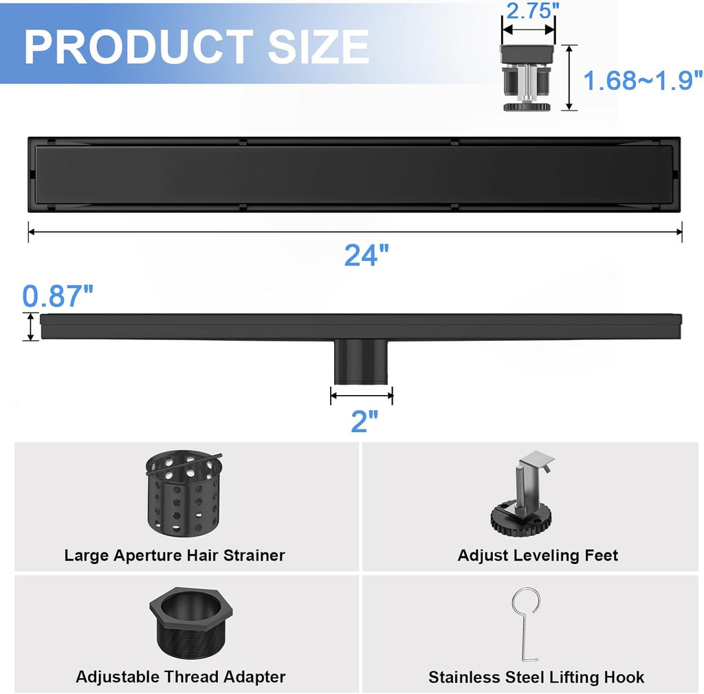 24-Inch SUS 304 Stainless Steel Linear Shower Drain Matte Black Rectangle Tile Insert Grate Leveling Feet Hair Strainer Drain