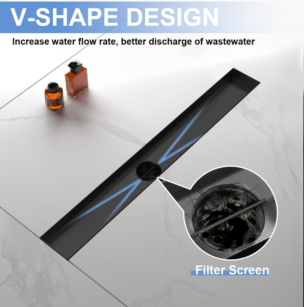 24-Inch SUS 304 Stainless Steel Linear Shower Drain Matte Black Rectangle Tile Insert Grate Leveling Feet Hair Strainer Drain