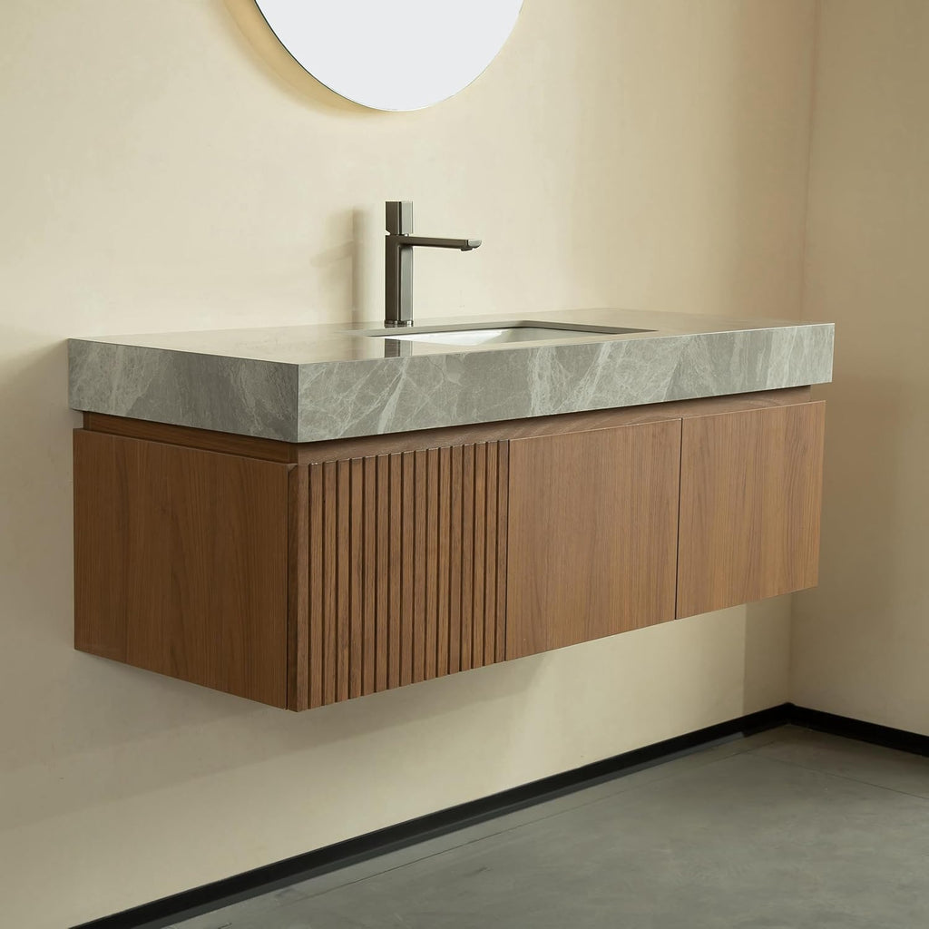 Floating Light Gray Sintered Stone Countertop Wall-Mounted Bathroom Vanity with Sink Drawer and Doors