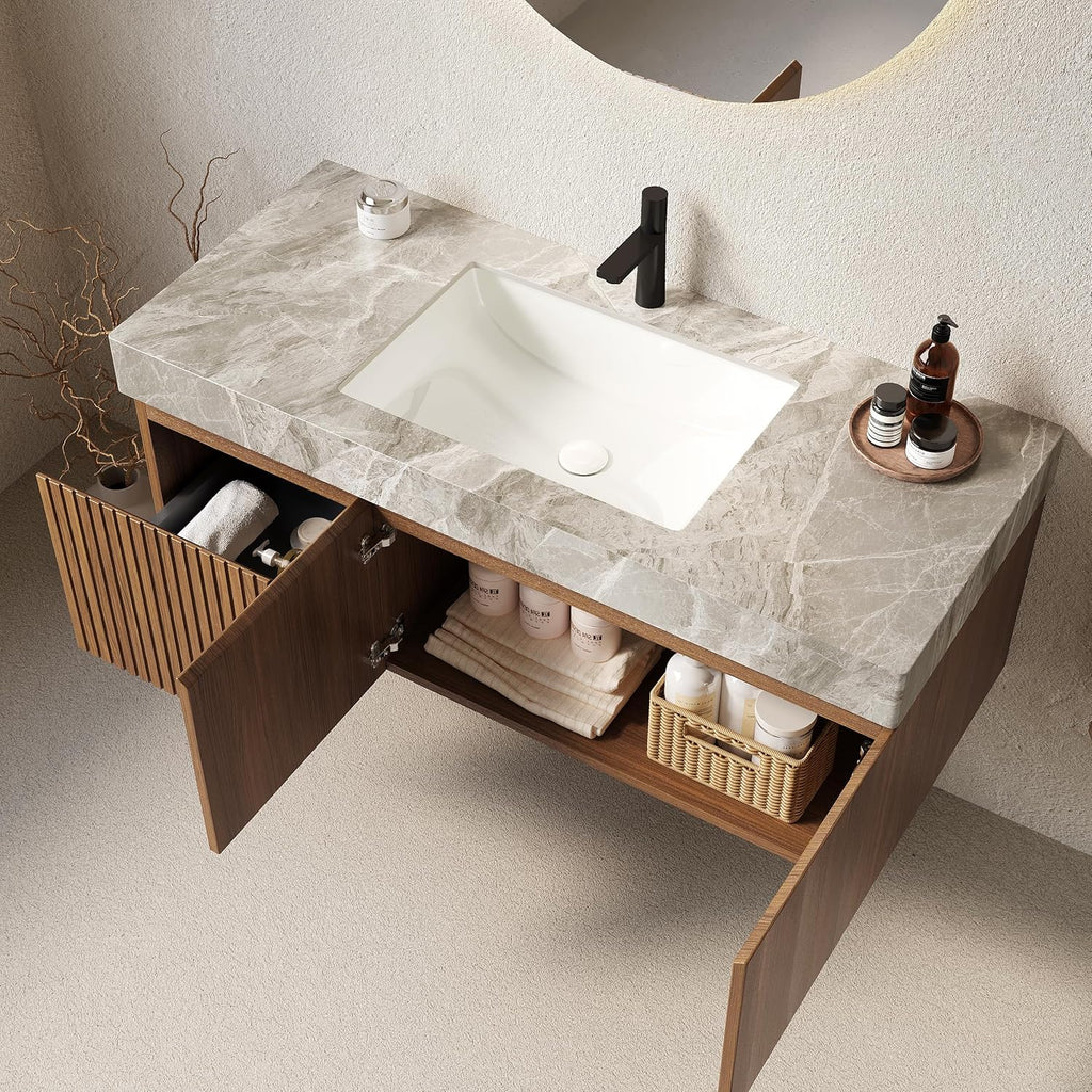 Floating Light Gray Sintered Stone Countertop Wall-Mounted Bathroom Vanity with Sink Drawer and Doors