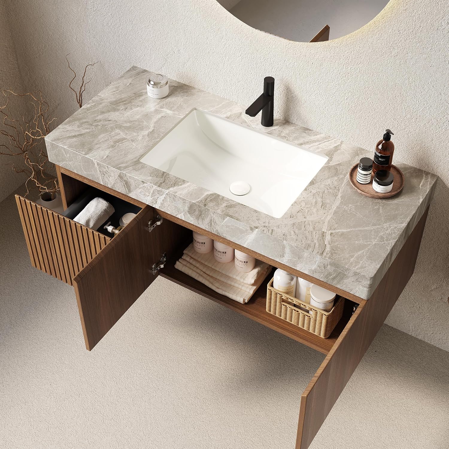 Floating Light Gray Sintered Stone Countertop Wall-Mounted Bathroom Vanity with Sink Drawer and Doors