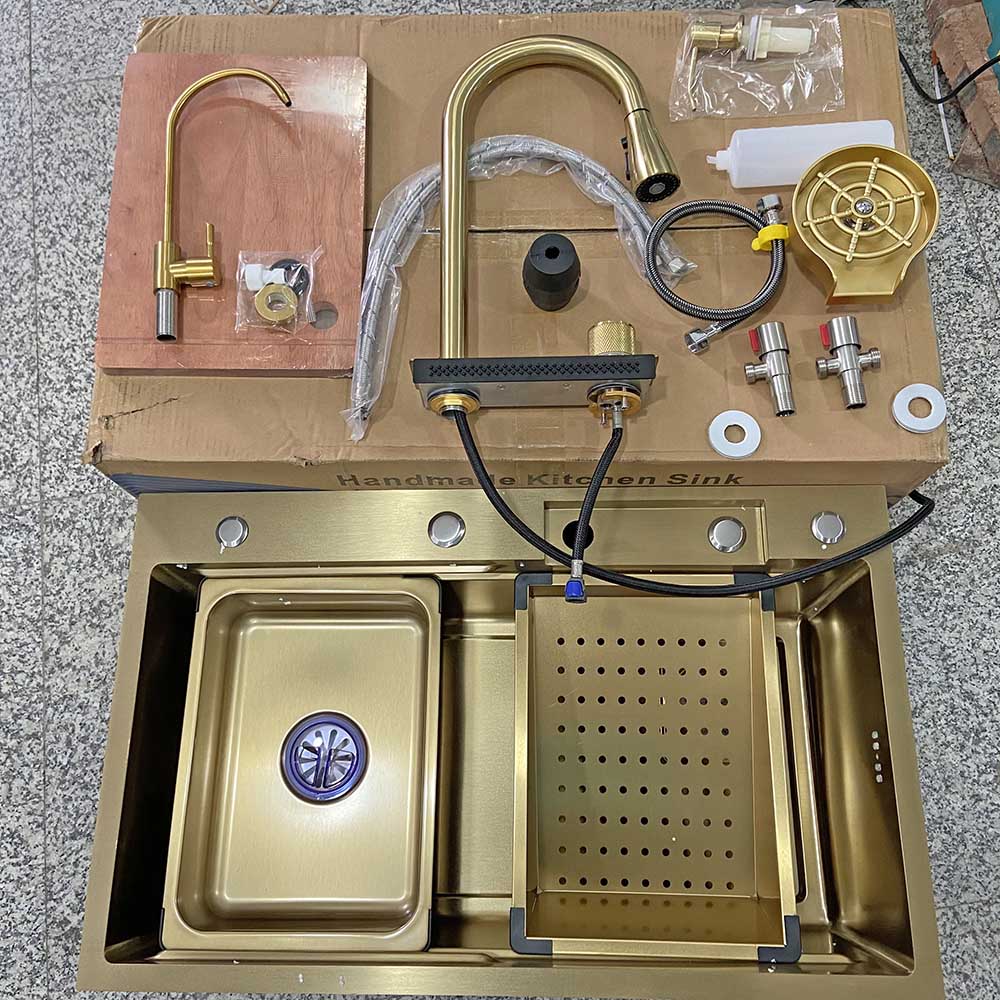 Modern Square Kitchen Sink Gold Stainless with Taps/Mixers