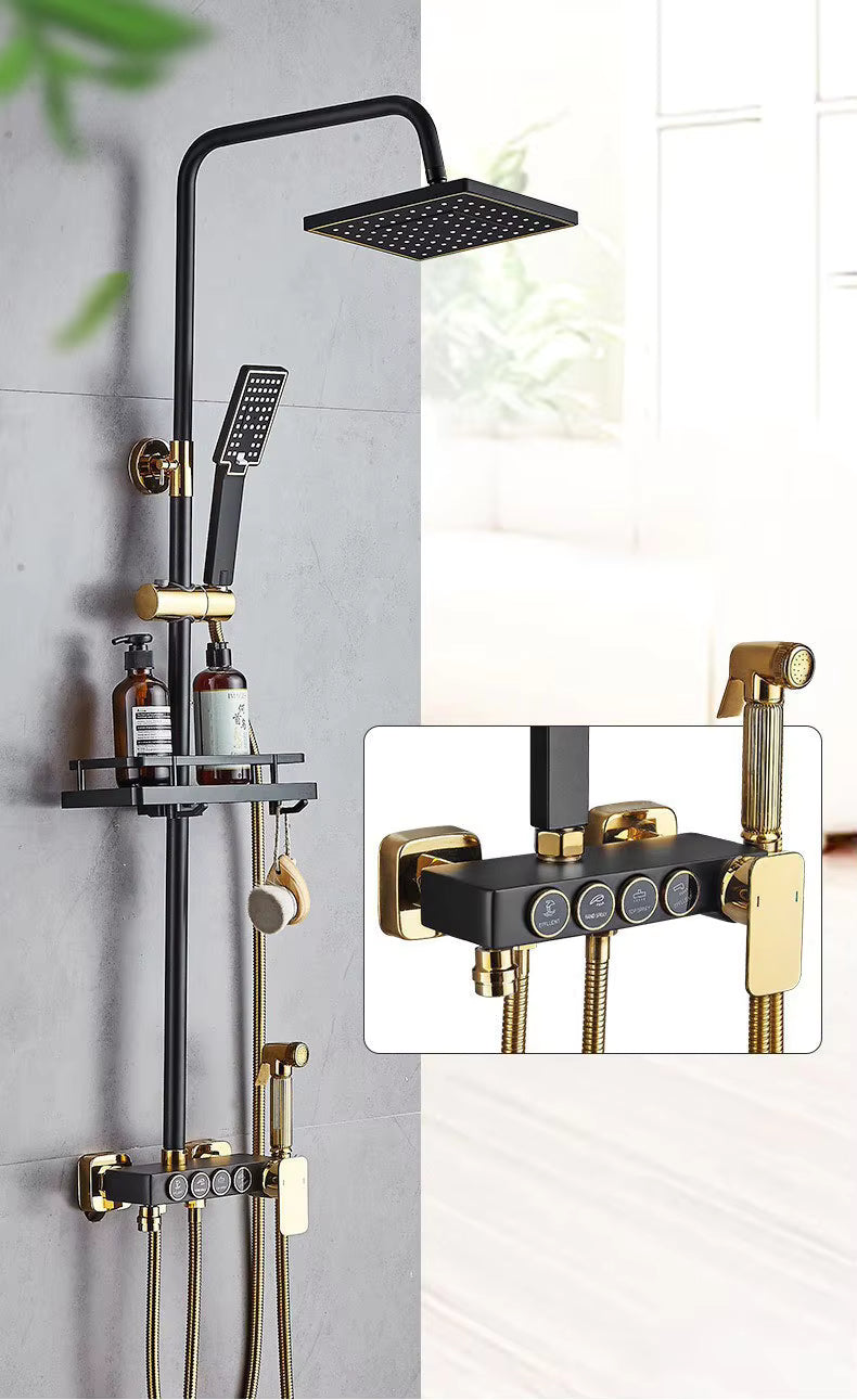 New Square Black & Gold Bathtub Mixer Thermostatic Shower Set