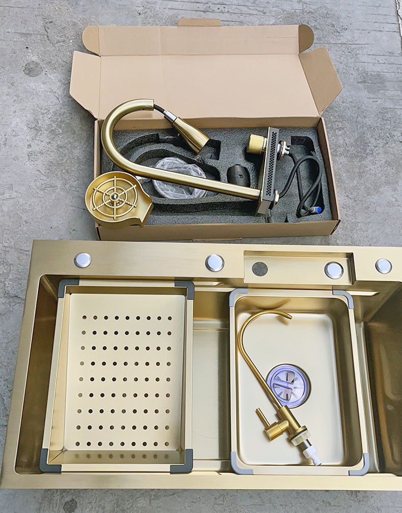 Modern Square Kitchen Sink Gold Stainless with Taps/Mixers