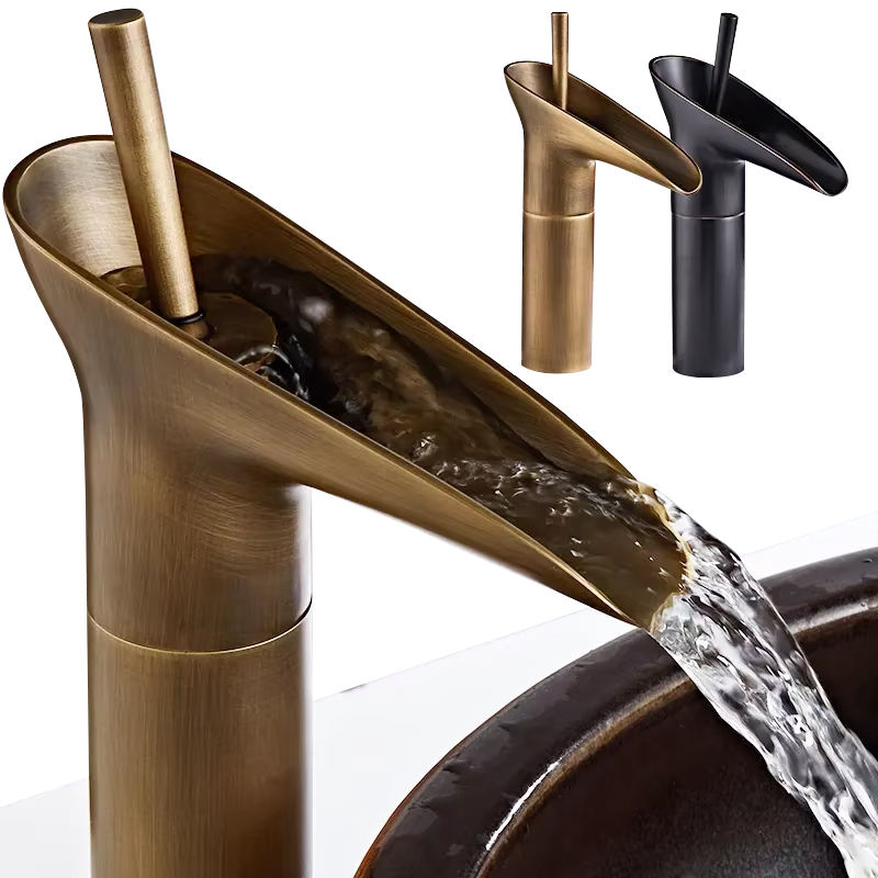 Classic 240mm Single Handle Antique Brass Faucets Deck Mounted Black Waterfall