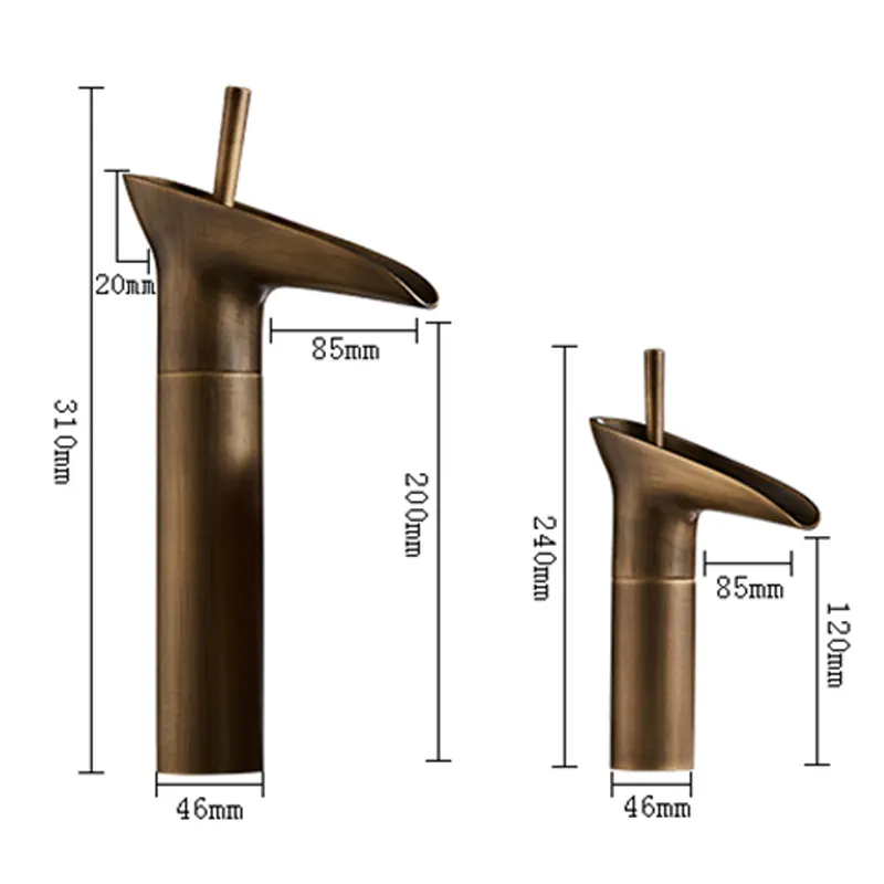 Classic 240mm Single Handle Antique Brass Faucets Deck Mounted Black Waterfall
