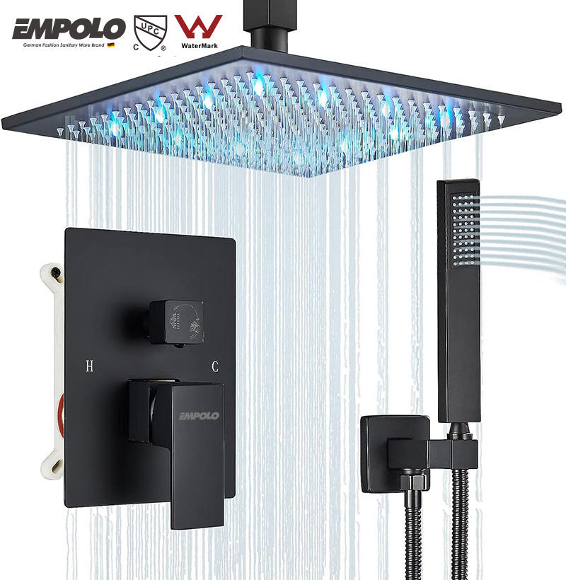 Luxury Brass Black 12 Inch Led Wall Mount Shower Set System Bathroom Concealed Rain Bath Shower Mixer for Hotel