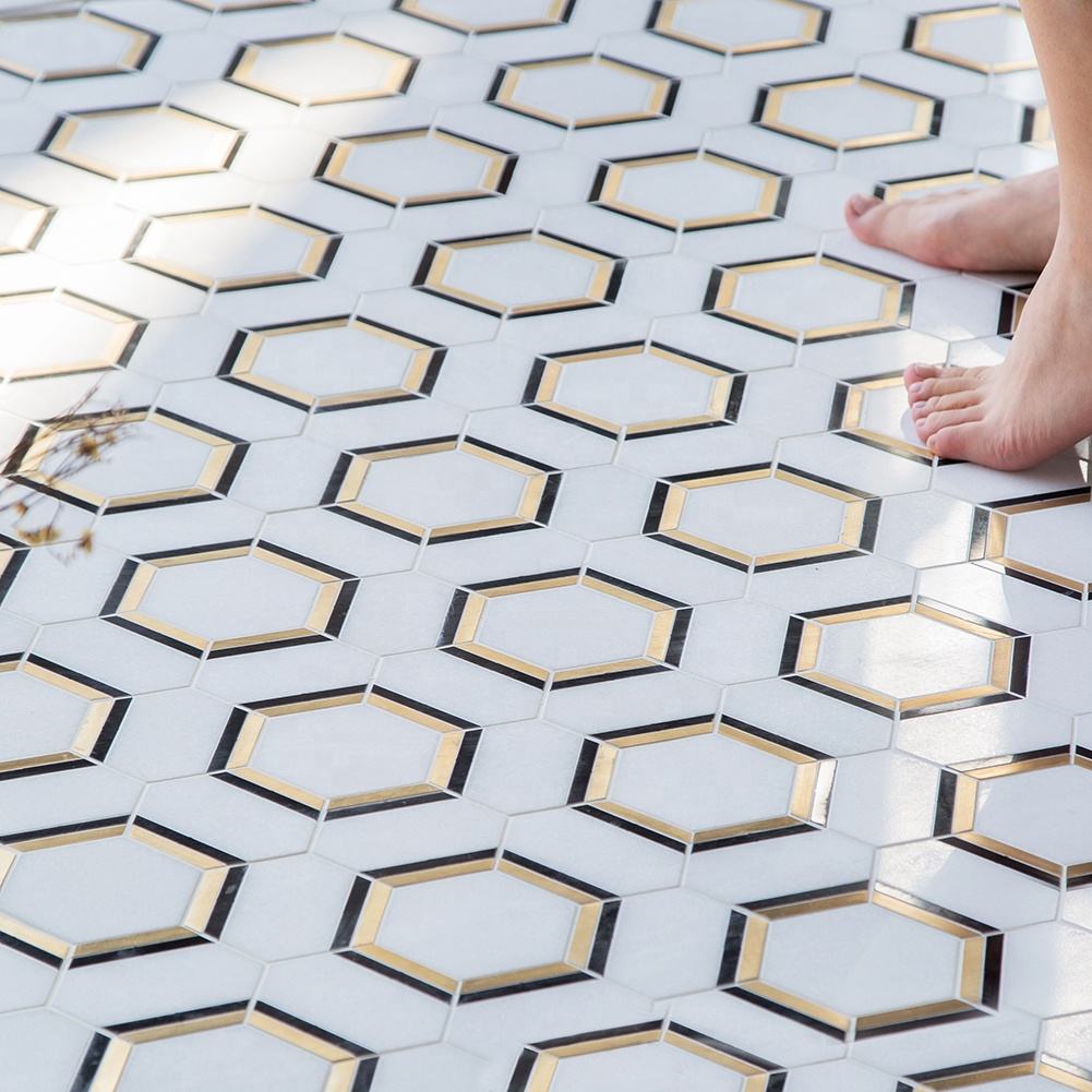Stone Mosaic Brass & Marble Hexagon Wall & Floor Tiles