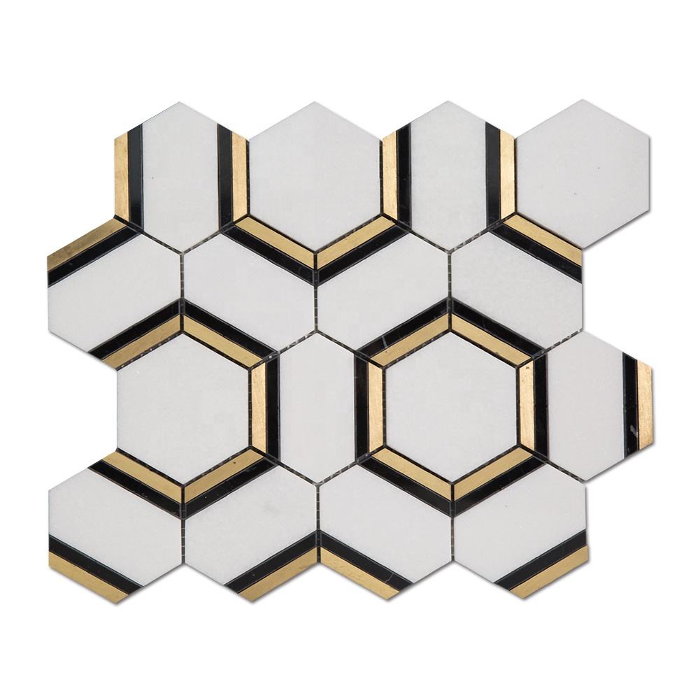 Stone Mosaic Brass & Marble Hexagon Wall & Floor Tiles
