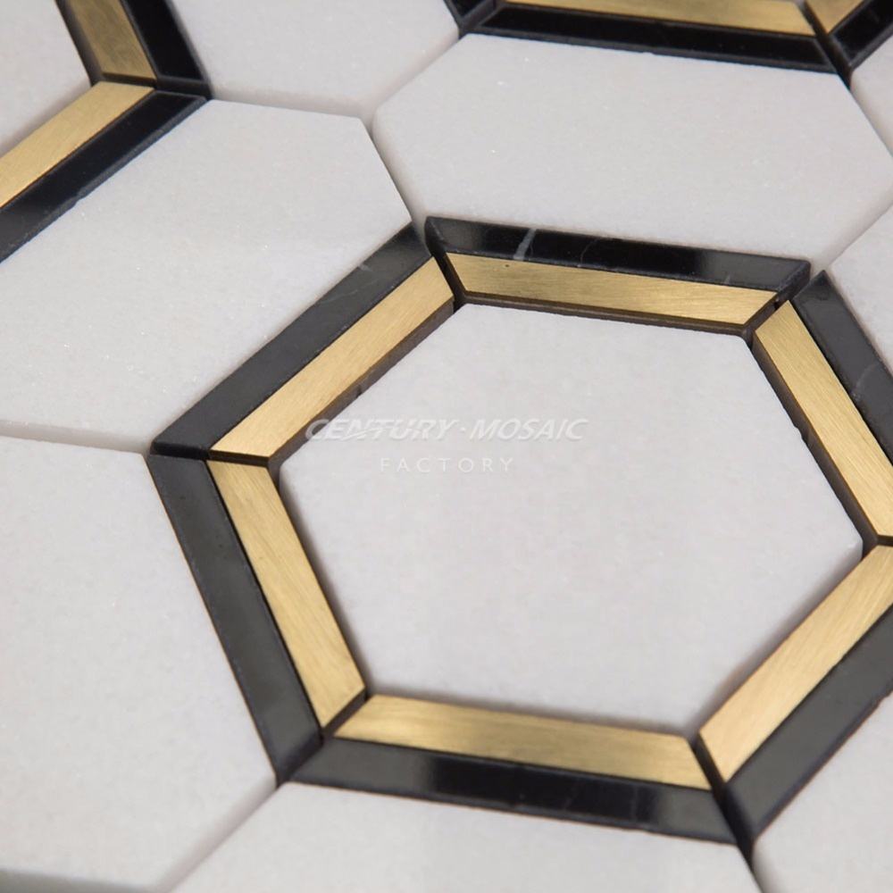 Stone Mosaic Brass & Marble Hexagon Wall & Floor Tiles