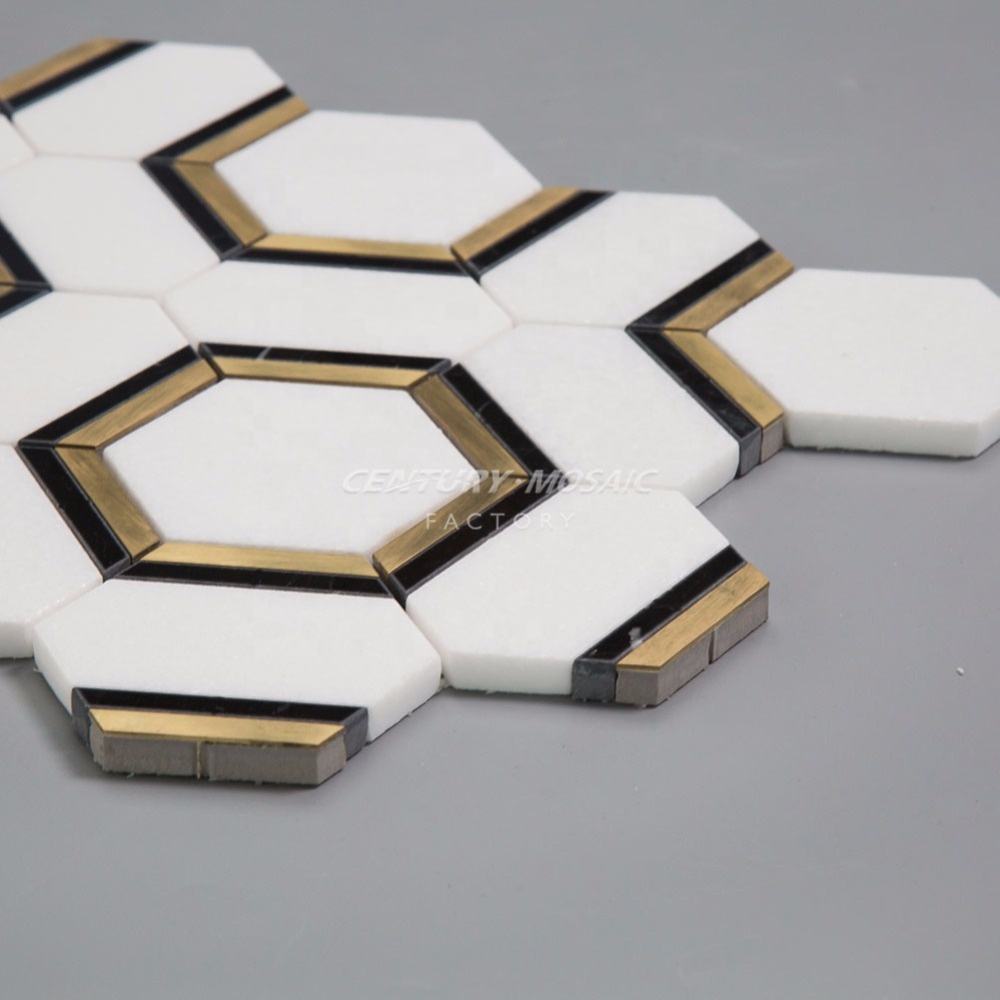 Stone Mosaic Brass & Marble Hexagon Wall & Floor Tiles
