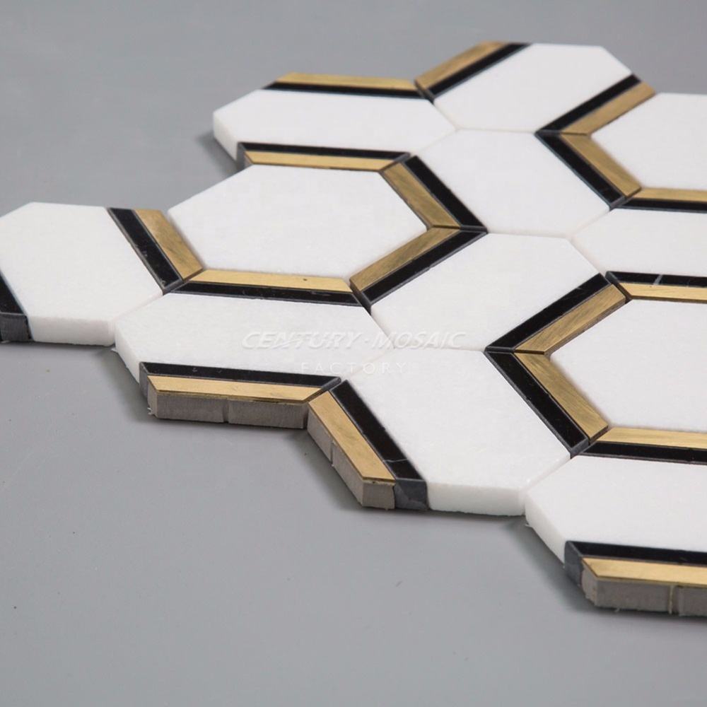 Stone Mosaic Brass & Marble Hexagon Wall & Floor Tiles