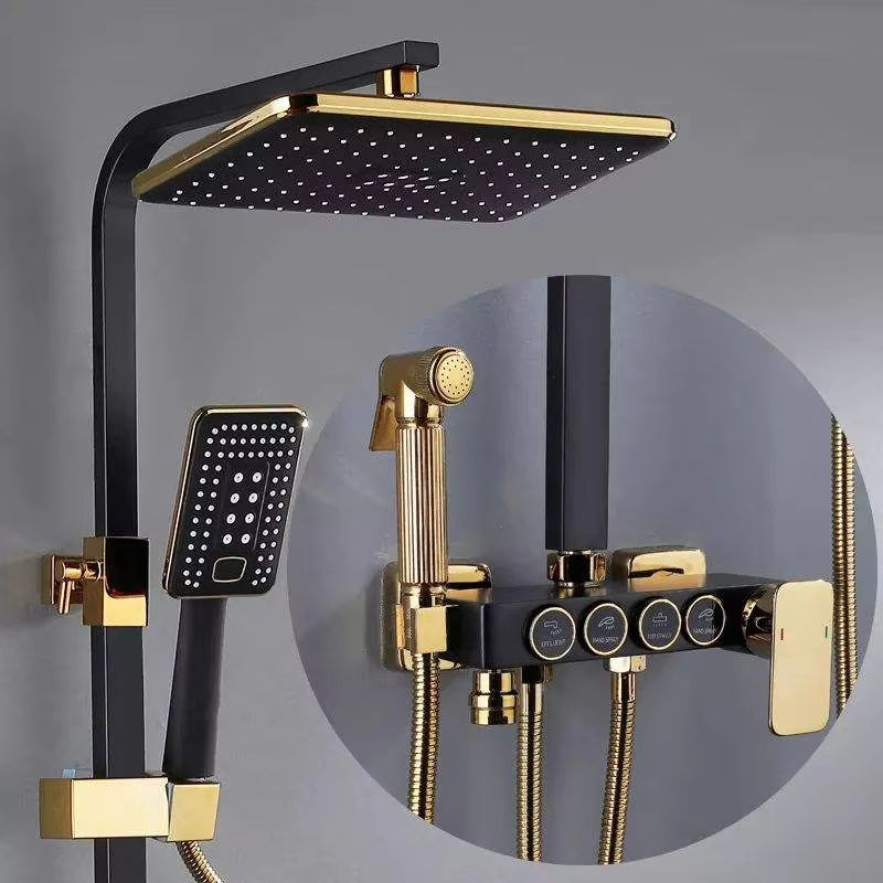 New Square Black & Gold Bathtub Mixer Thermostatic Shower Set