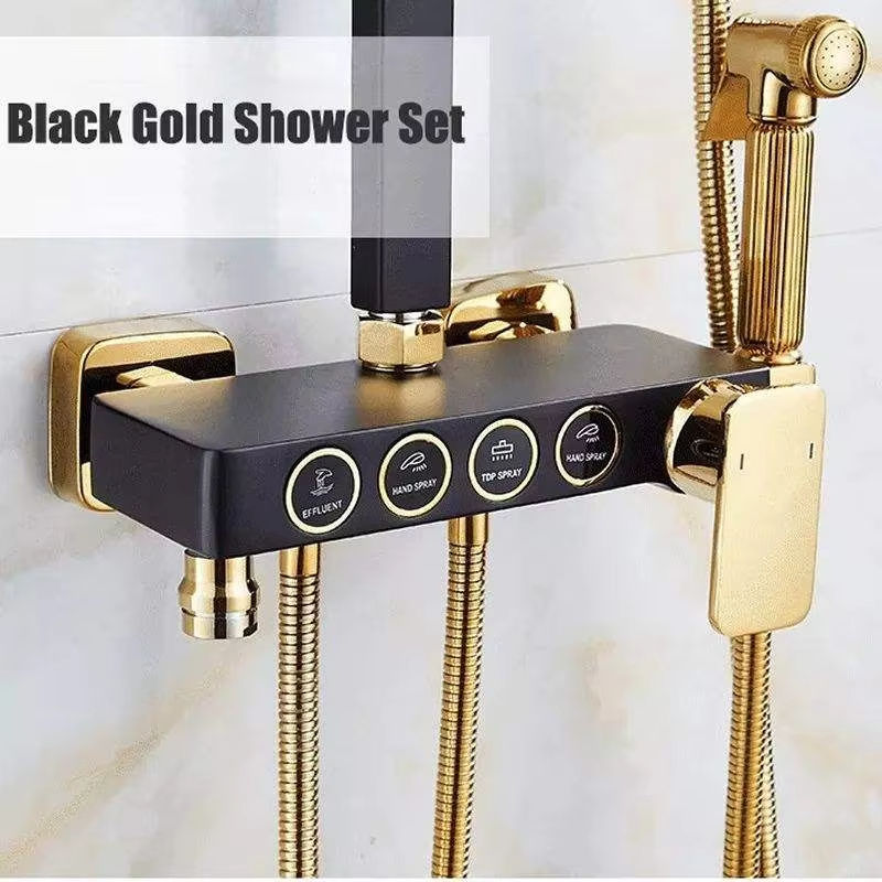 New Square Black & Gold Bathtub Mixer Thermostatic Shower Set