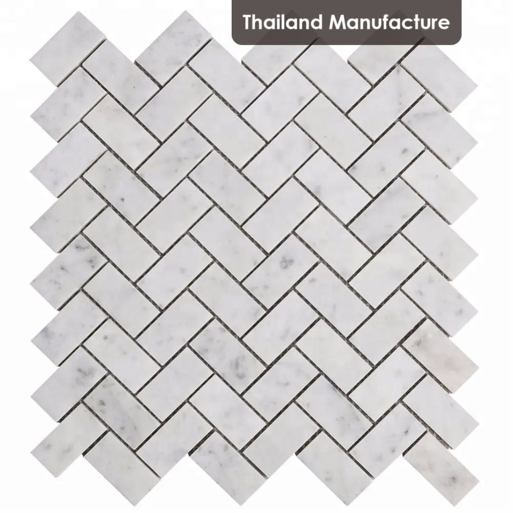 Carrara White Herringbone Marble Mosaic Tile – 10mm polished sheets featuring 25x48mm