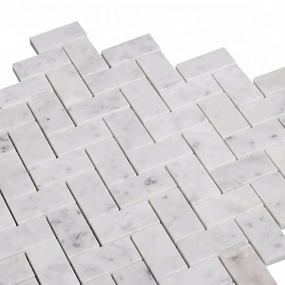 Carrara White Herringbone Marble Mosaic Tile – 10mm polished sheets featuring 25x48mm