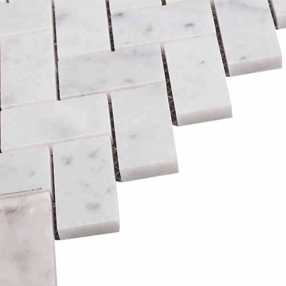 Carrara White Herringbone Marble Mosaic Tile – 10mm polished sheets featuring 25x48mm