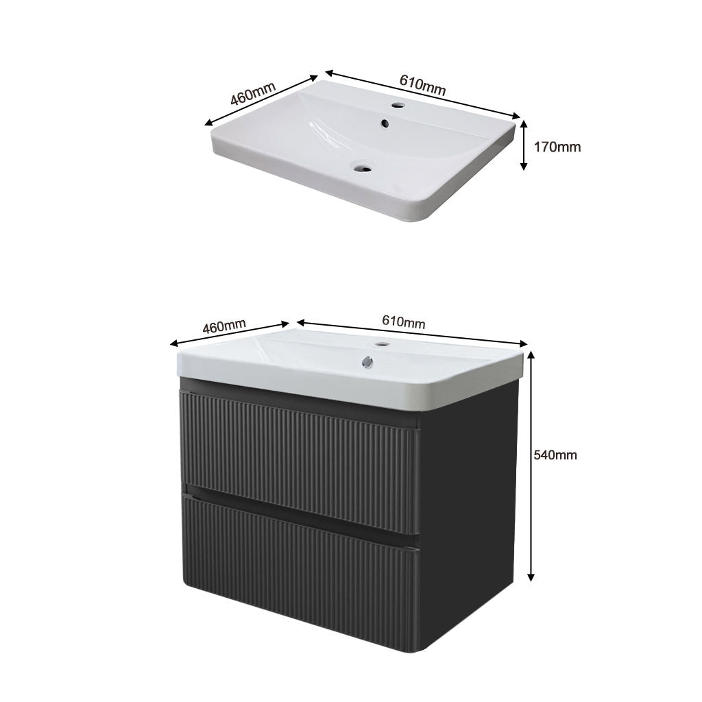 Luxury European Style 610mm Floating Bathroom Vanity Set with Sink Black and White