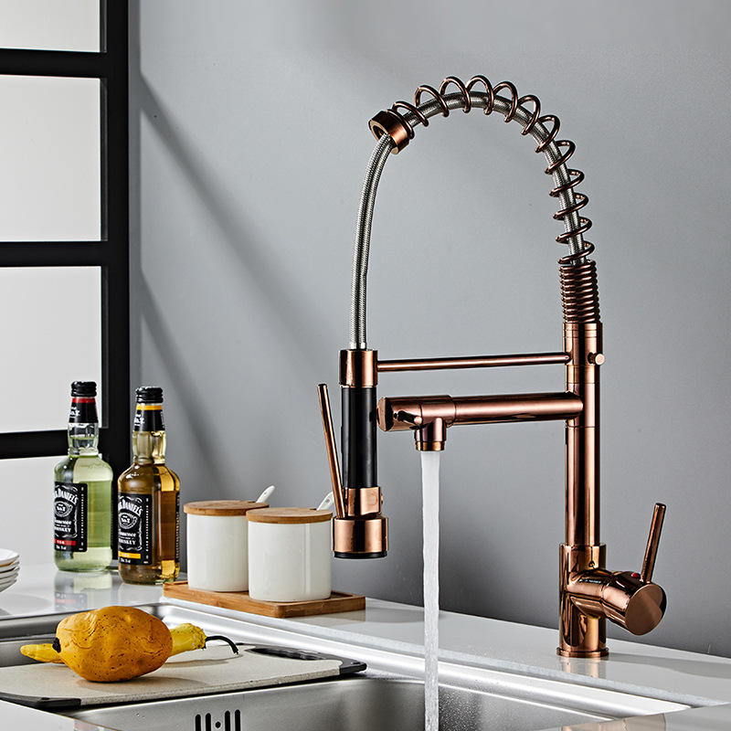 Brass Rose Gold High Pressure Pull Spring Double Outlet Kitchen Tap