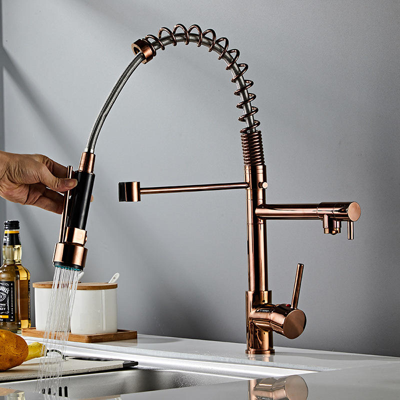 Brass Rose Gold High Pressure Pull Spring Double Outlet Kitchen Tap